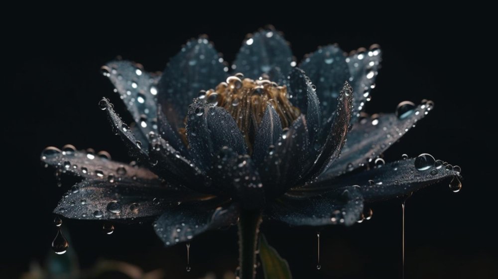 Flor de loto negra con gotas de agua